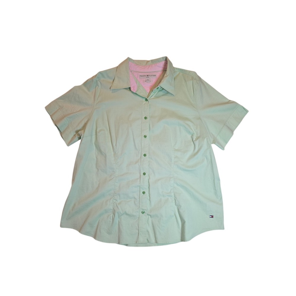 Vintage Y2K Tommy Hilfiger Women Size 18 Lime Green Stretch Button Front Shirt